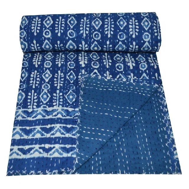 Hand Block Print Indigo Blue Kantha Bed Cover Reversible Bedding Bedspread Twin Size Vintage Cotton Quilt Set
