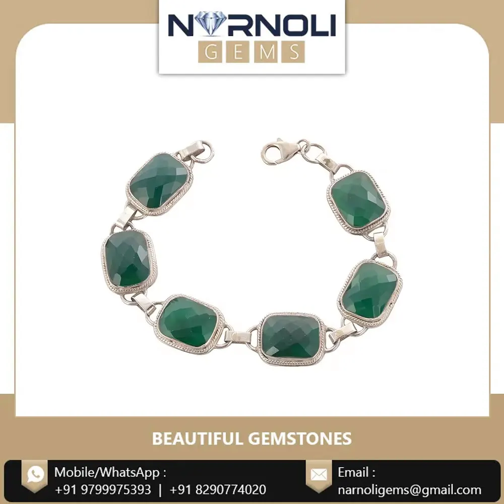 New Fashion Design 92.5 Pure Silver Bracelet Set with Beautiful Green Agate Gemstone