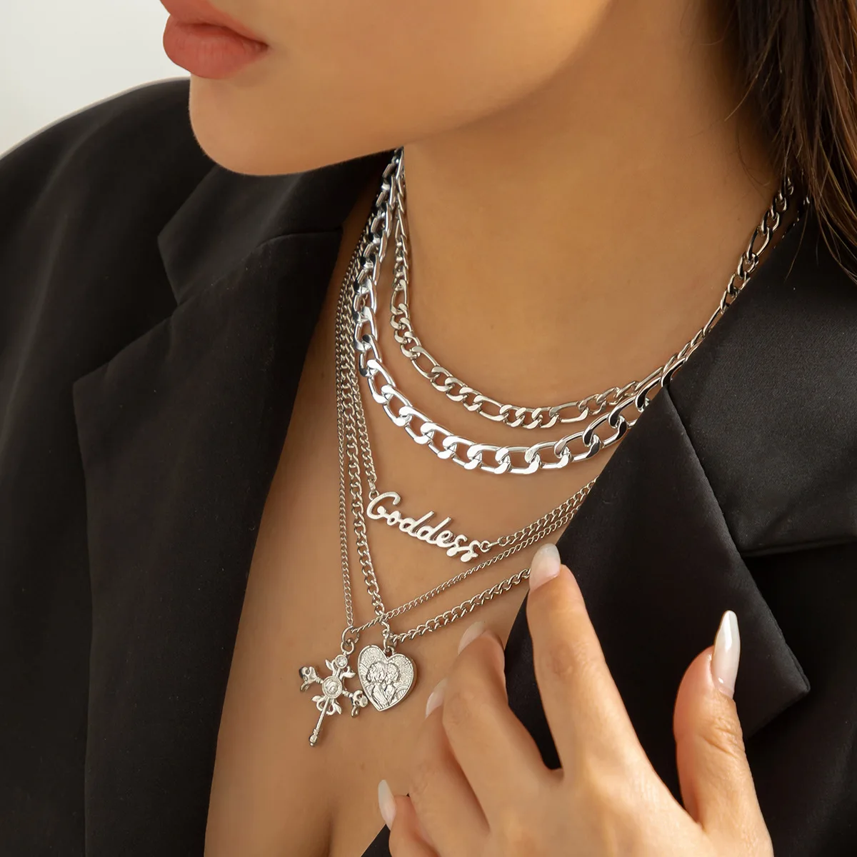 Hip-hop style letter chain necklace Gothic style retro multi-layer portrait cross pendant necklace