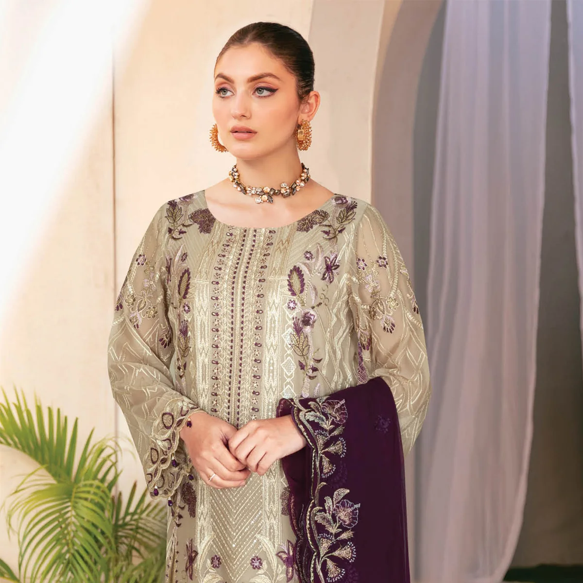 Wholesale Pakistan party wedding dresses In Tan Color Over Heavy Embroidery In Front and Dupatta in Chiffon Fabric