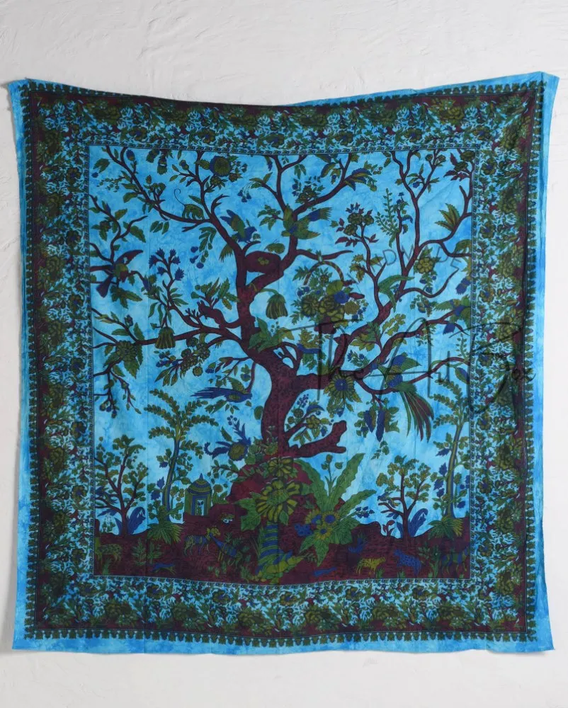 Indian Blue Tree Of Life Tapestry Twin Queen Tapestry Handmade Bedspread Mandala Design Carpet Cotton Home Decor