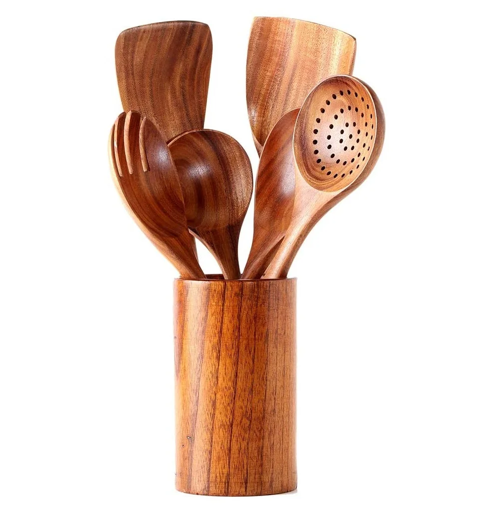 Wooden Spoons for Cooking 5 Piece Non Stick Wooden Spoon Set Wooden Spoons, Spatula Set, Slotted Spoon & Pasta Spoon - Handmade