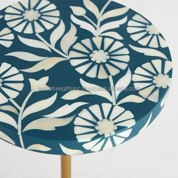 Bone Inlay Resin & Metal Pipe Coffee Table With Gold Powder Coating Finishing Round Shape Floral Design For Living Room