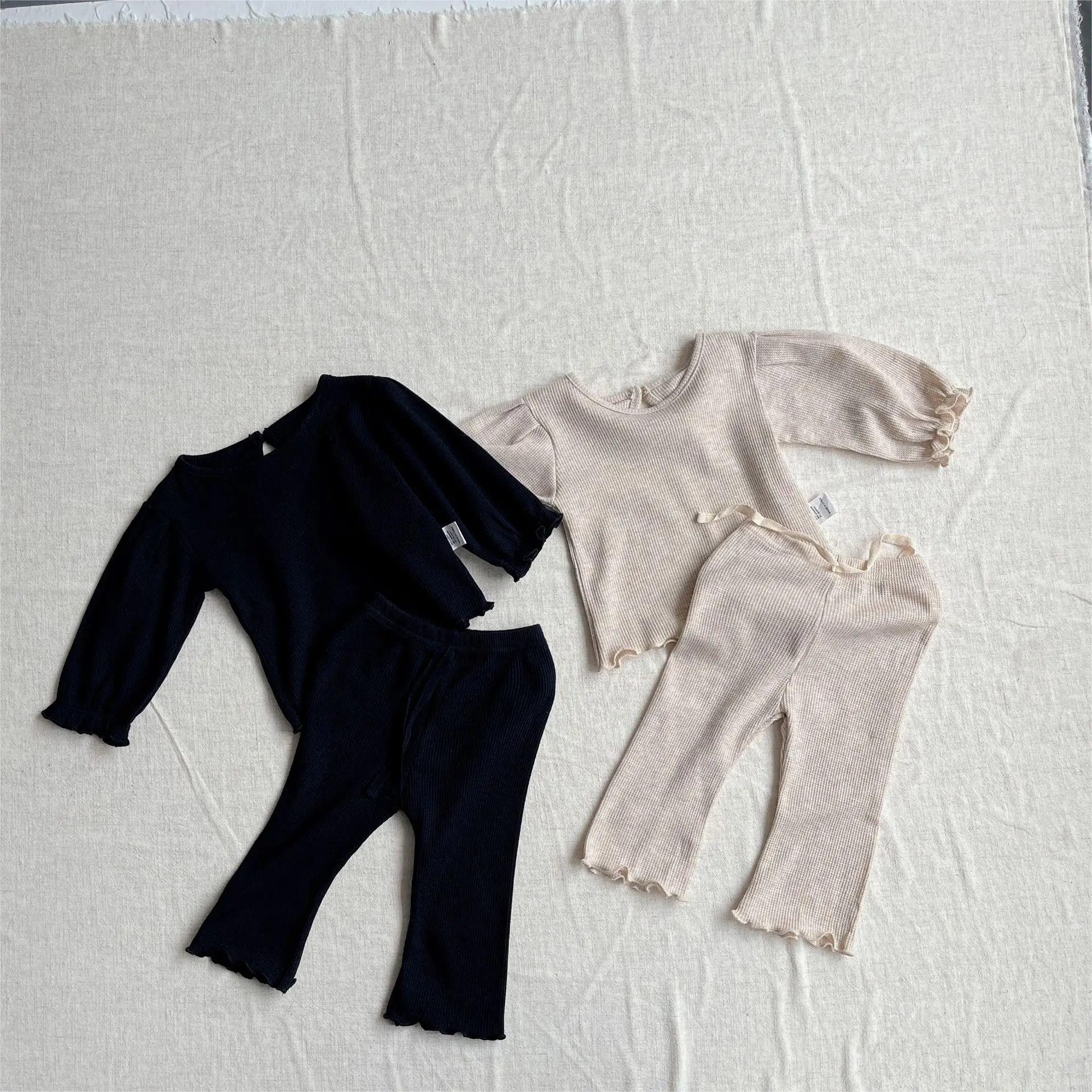 2023 Newborn Baby Girls Waffle T-shirt Long Sleeve Flared Pants Trousers Baby Girls Clothing Set