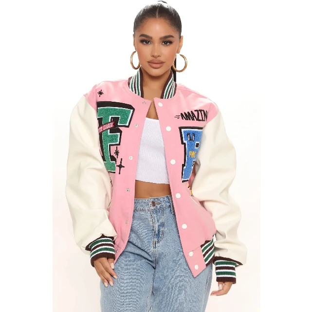 Winter Fall High Quality Women Crop Letterman Varsity Jackets Winter Long Sleeves Coats Leather Bomber Custom Varsity Jacket