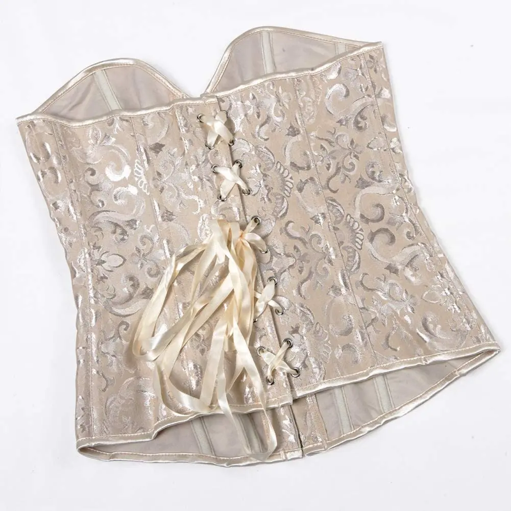 Womens Steel Boned Satin Overbust Waist Training Brocade Corset