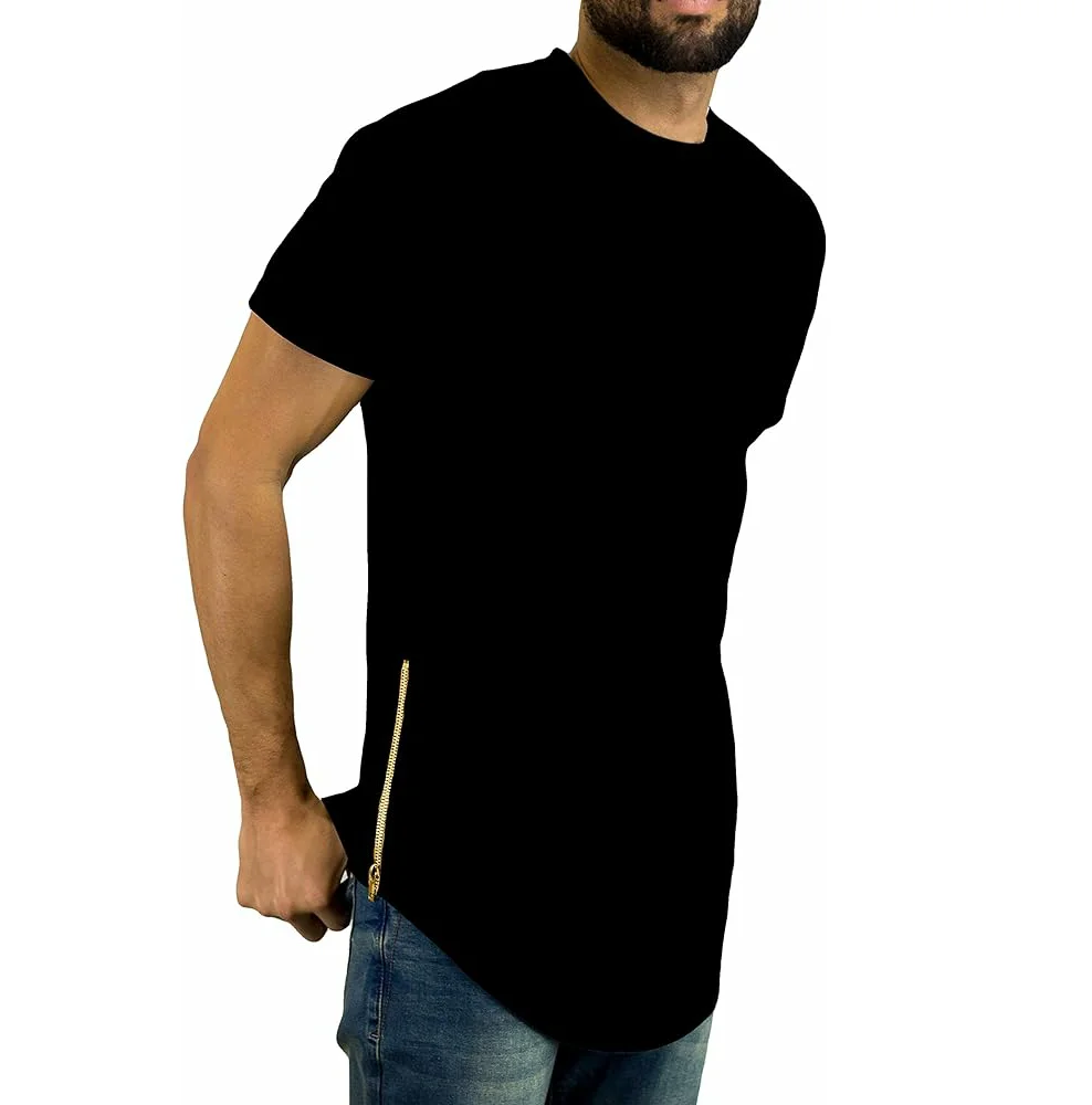 Latest design Half Sleeve good Quality O neck Elongated T Shirt with side zip breathable black color Elongated T Shirts