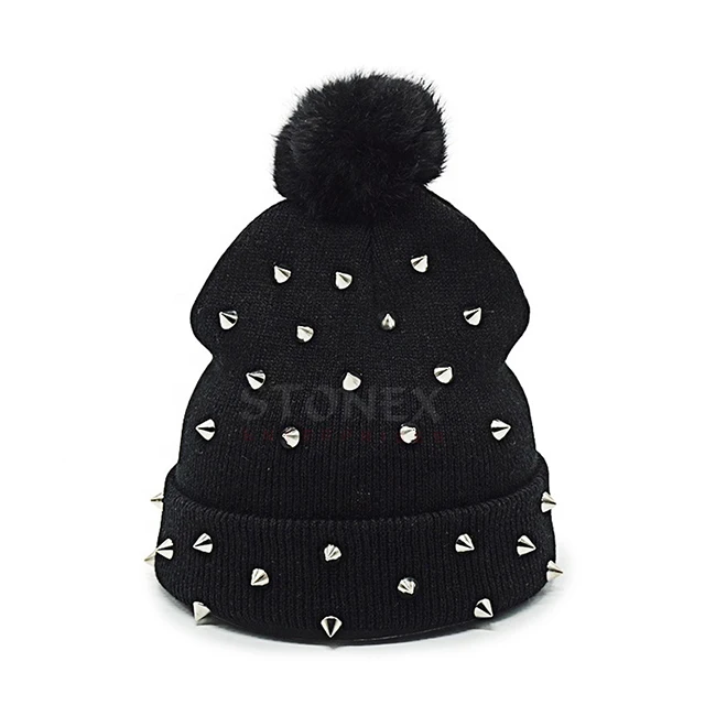 Customized Black Acrylic Knit Fold Up Pompom Metal Studded Beanie Hat With Spikes Latest Design