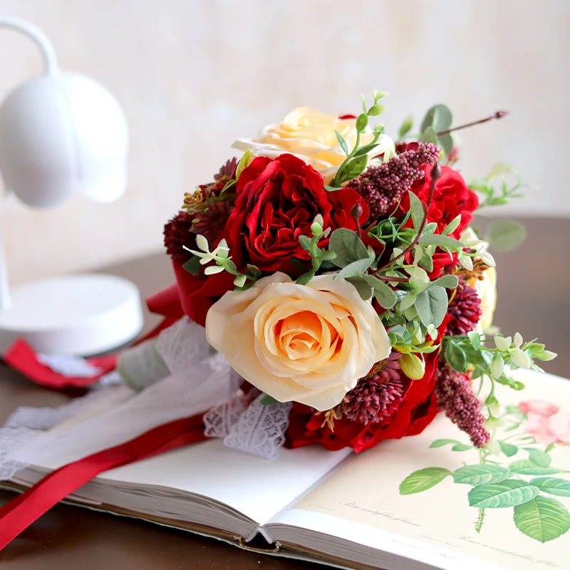 10 Inch Artificial Blooming Rose Bridesmaid Bouquet Silk Rose Tossing Bouquets for Wedding Church Ceremony Anniversary
