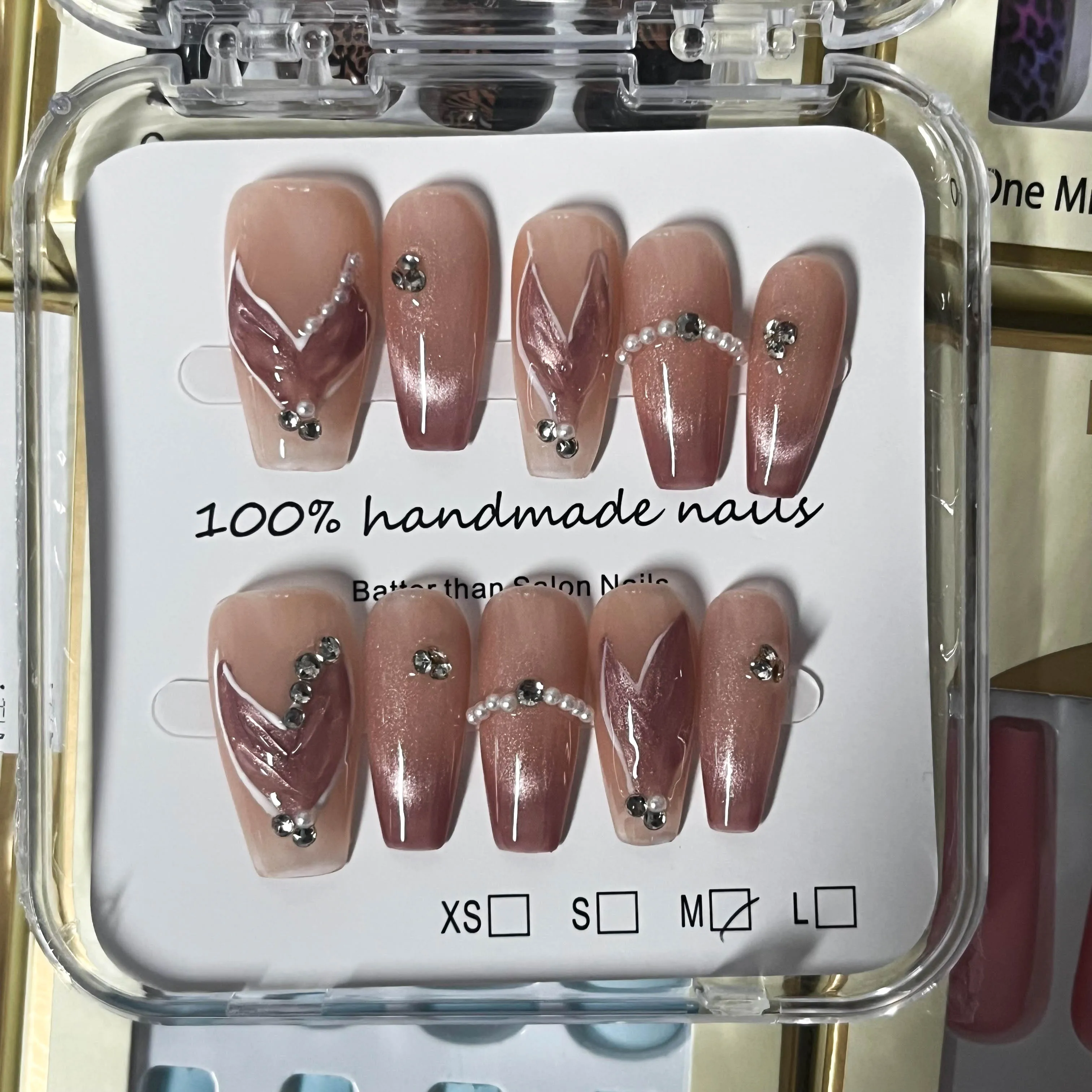 In Stock Pink Handmade False Nails with Glitter Diamond Luxury Handmade Acrylic Nails Press on Artificial Fingernails