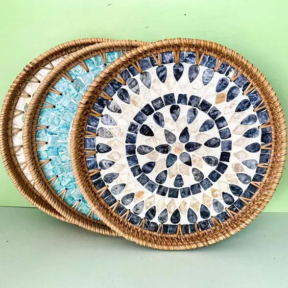 New Item 13 inch Rattan Ceramic Tray Customized Ceramic Wholesale Decorative Tray Mother of Pearl Food Storage Tray from Vietnam