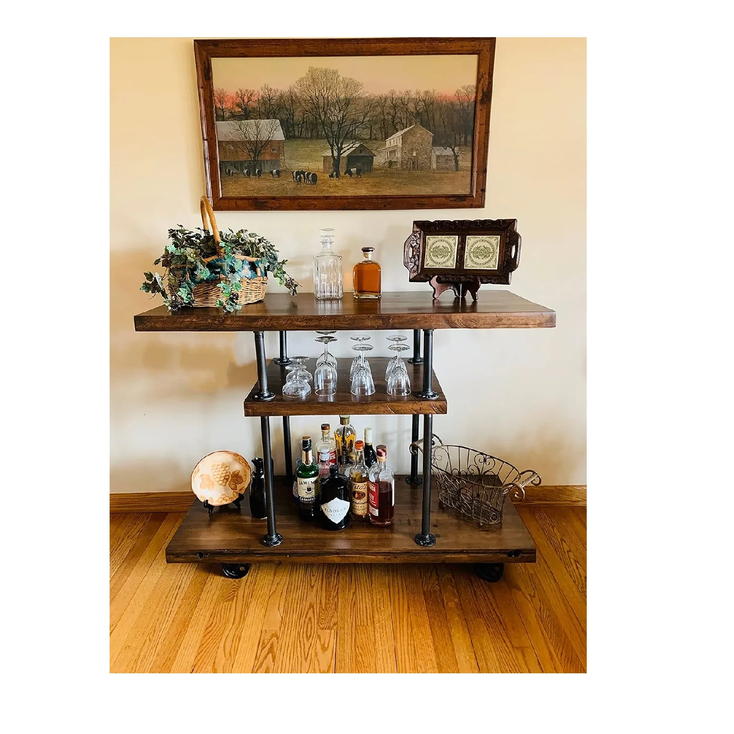 Wooden Serving Wine 3 Tiers with Wheels Mobile Cart Coffee Cart Wood Metal Serving Trolley Serving Cart manufacturer Wholesale