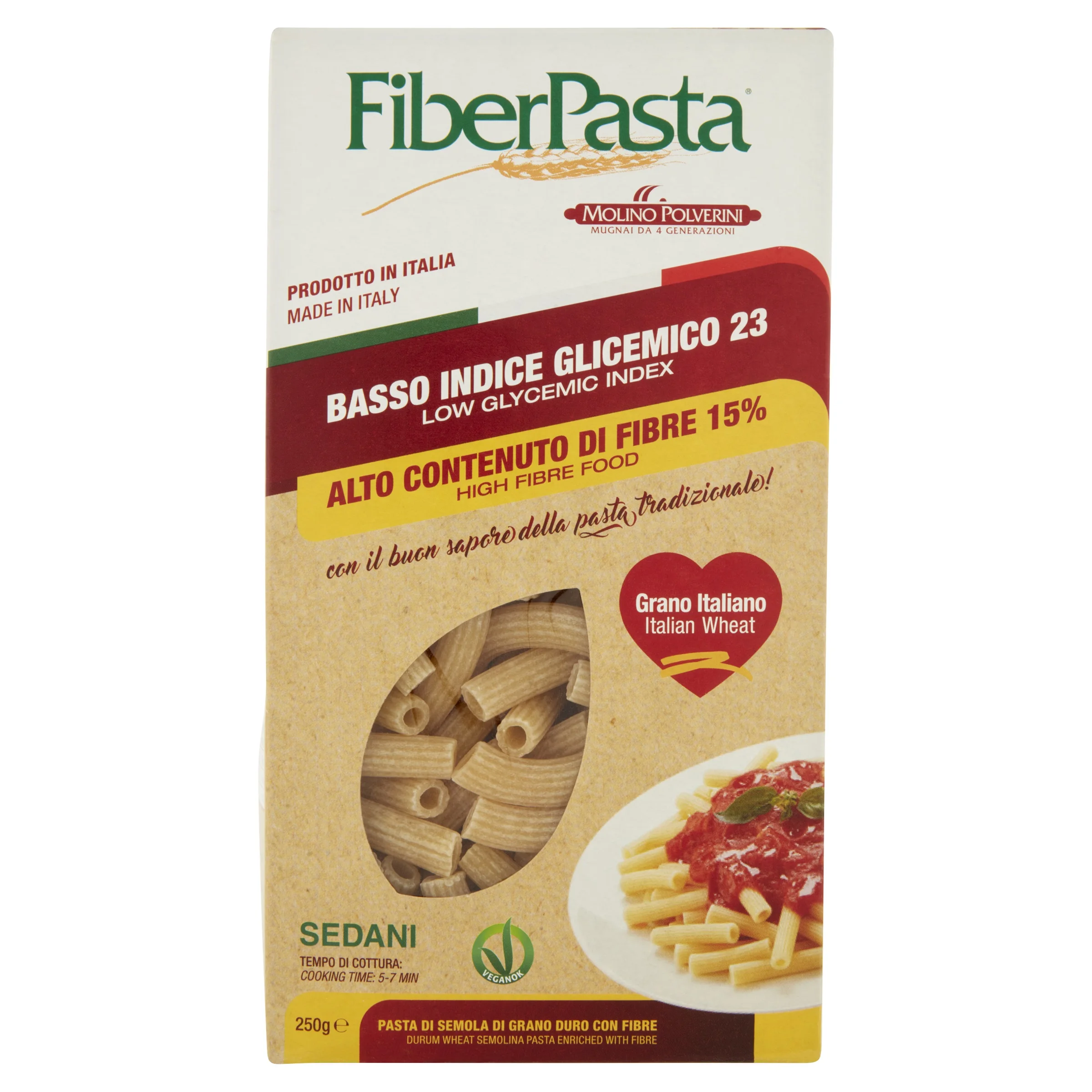 HIG FIBER PASTA SEDANI 250g - WITH LOW GLYCEMIC INDEX 23 - HIGH FIBRE INCLUDED INULIN - ITALIAN PASTA WITH BENEFITS