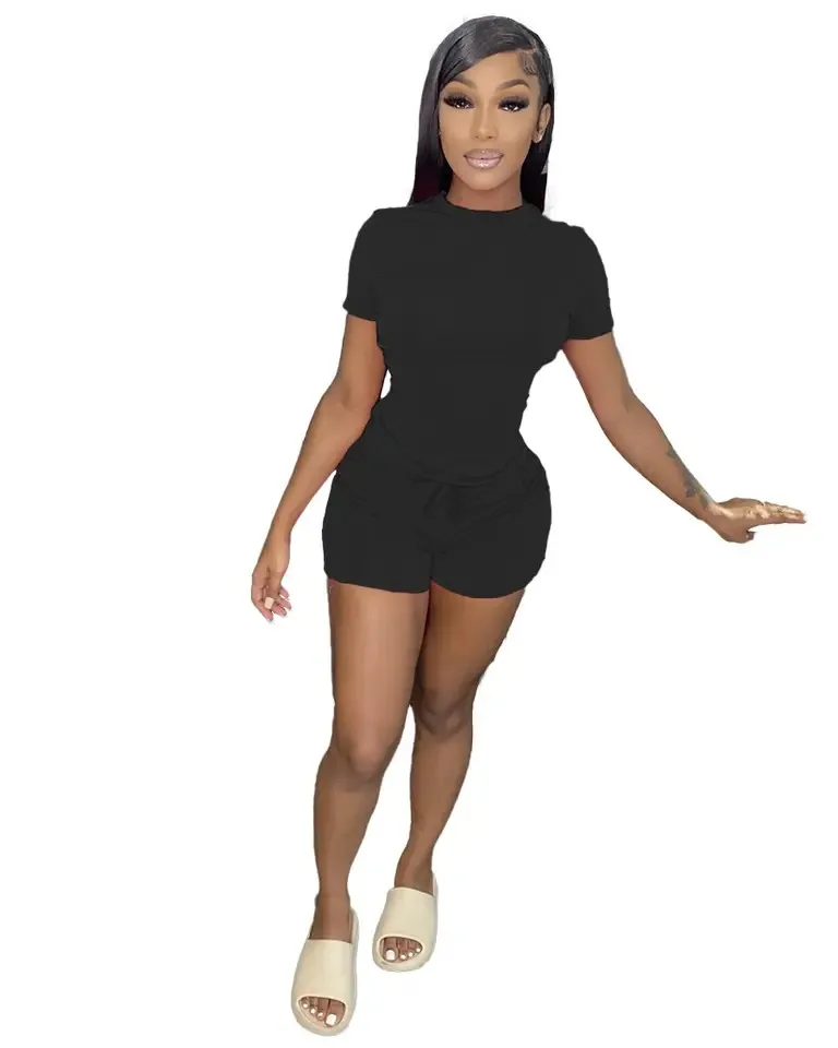 2024 Custom Logo Women Summer Short Set Short Sleeve T Shirt Biker Shorts Sets Skinny 2 Piece Short Set Women Clothing