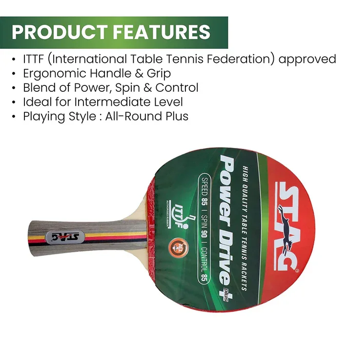 Stag Power Drive Plus Table Tennis Racket | ITTF Approve Rubber | Best for Intermediate, Advance Play