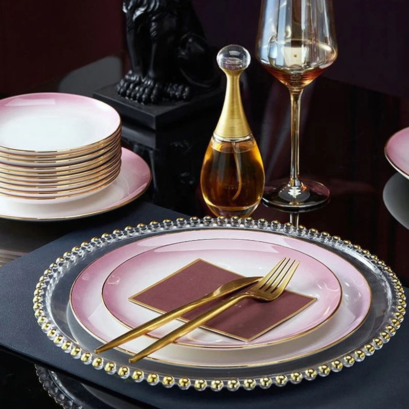 New Bone China Dinner Set Red Plate Set Pink Glazed Color Wholesale Stoneware Set Luxury Ceramic Tableware