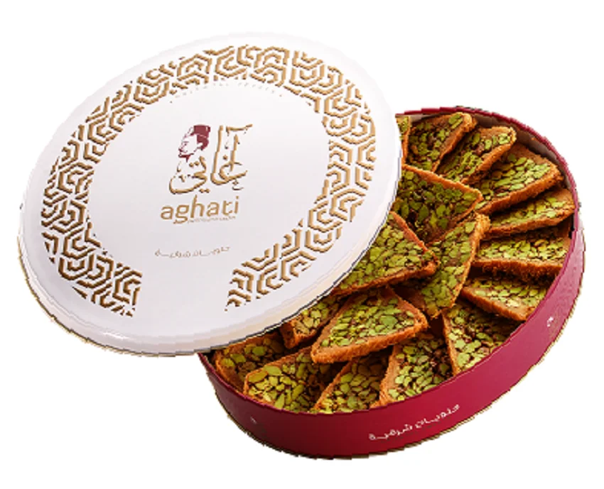 faysalya premium baklava in 1 kg tin box round shape with high quality pistachio nuts