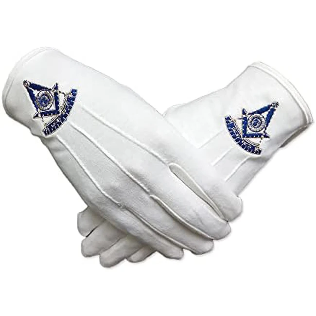 Freemasons Mens White Heavy Cotton Gloves Blue Square