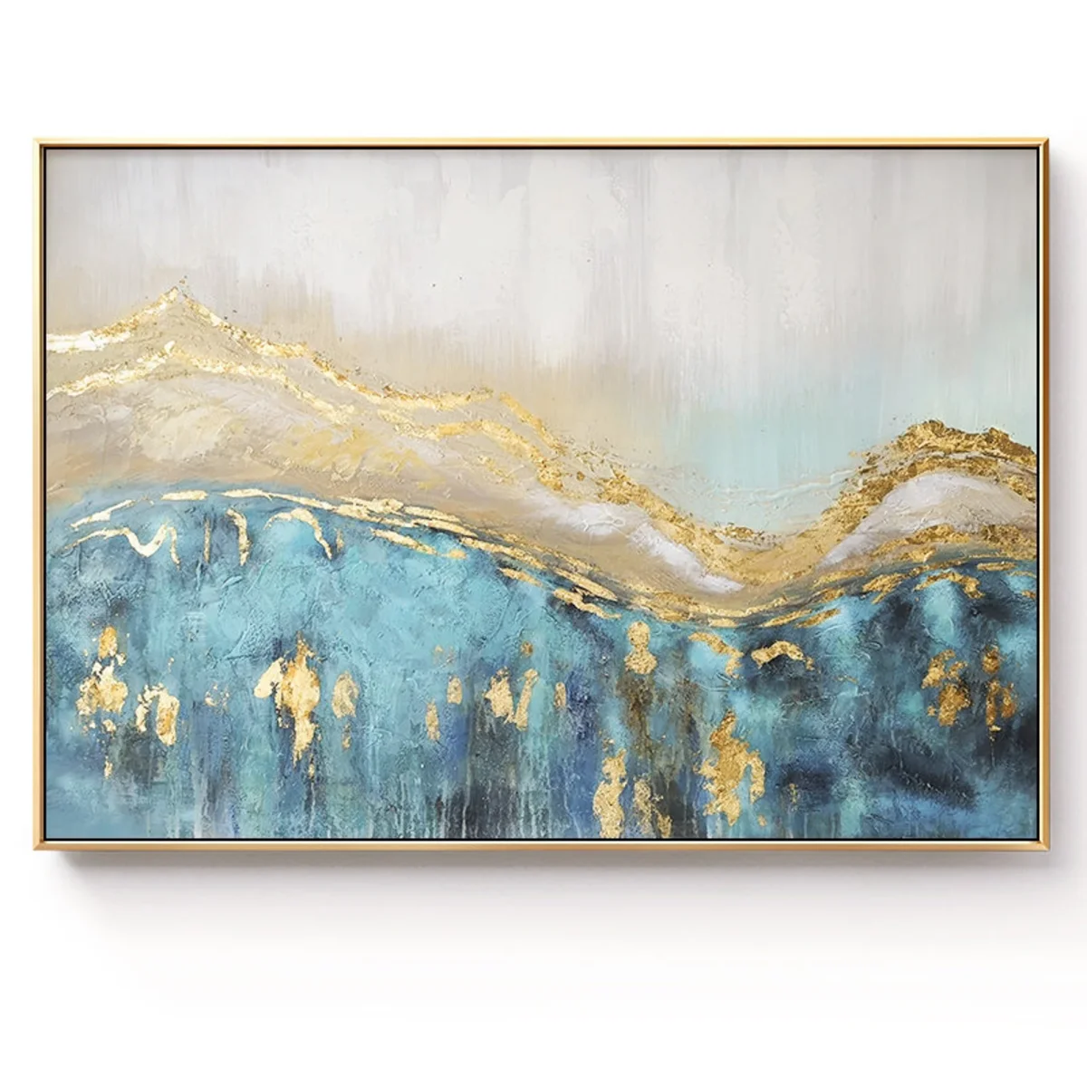 100% Real Hand Painted Abstract Blue and Gold Oil Painting,Extra Large Oil Painting,Modern Minimalist Wall Art for Living Room