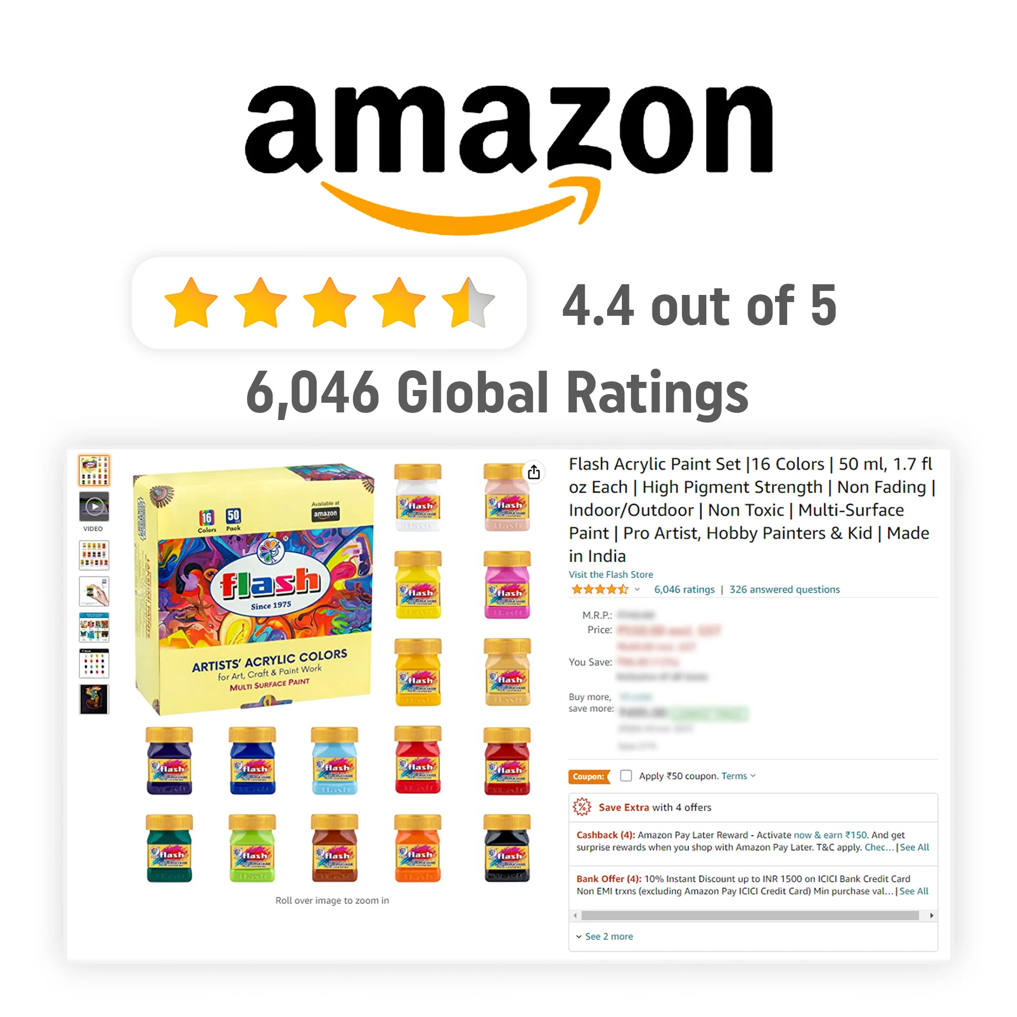 High Quality Flash Acrylic Paint Set | 50ml 25 Color Set | Non Toxic for Kids & Artist High Lightfastness