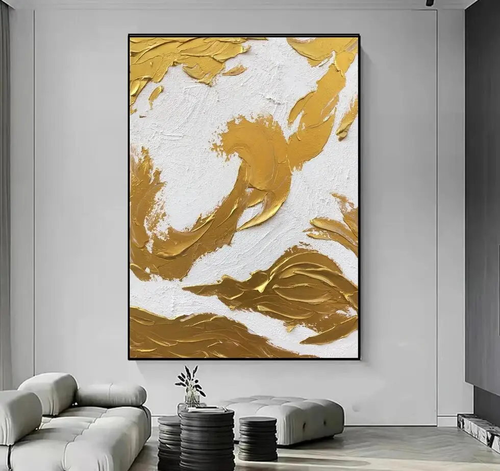 Large Minimalist Gold Oil Painting on Canvas Modern Gold Foil Texture Acrylic Painting Living Room Wall Art Home Deco