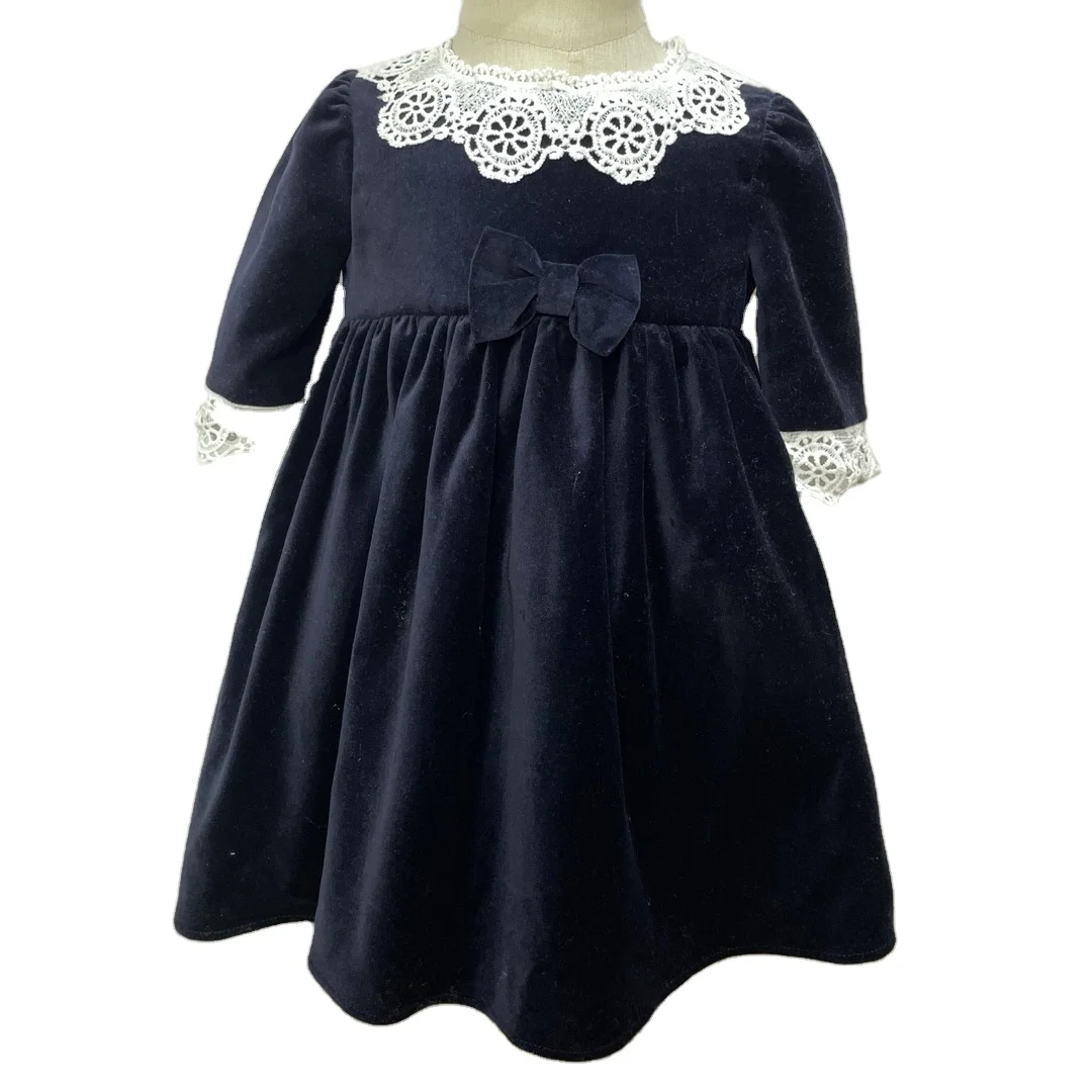 JannyBB Design Navy Blue velvet dress for baby girl toddler baby girls knee length a-line casual dress