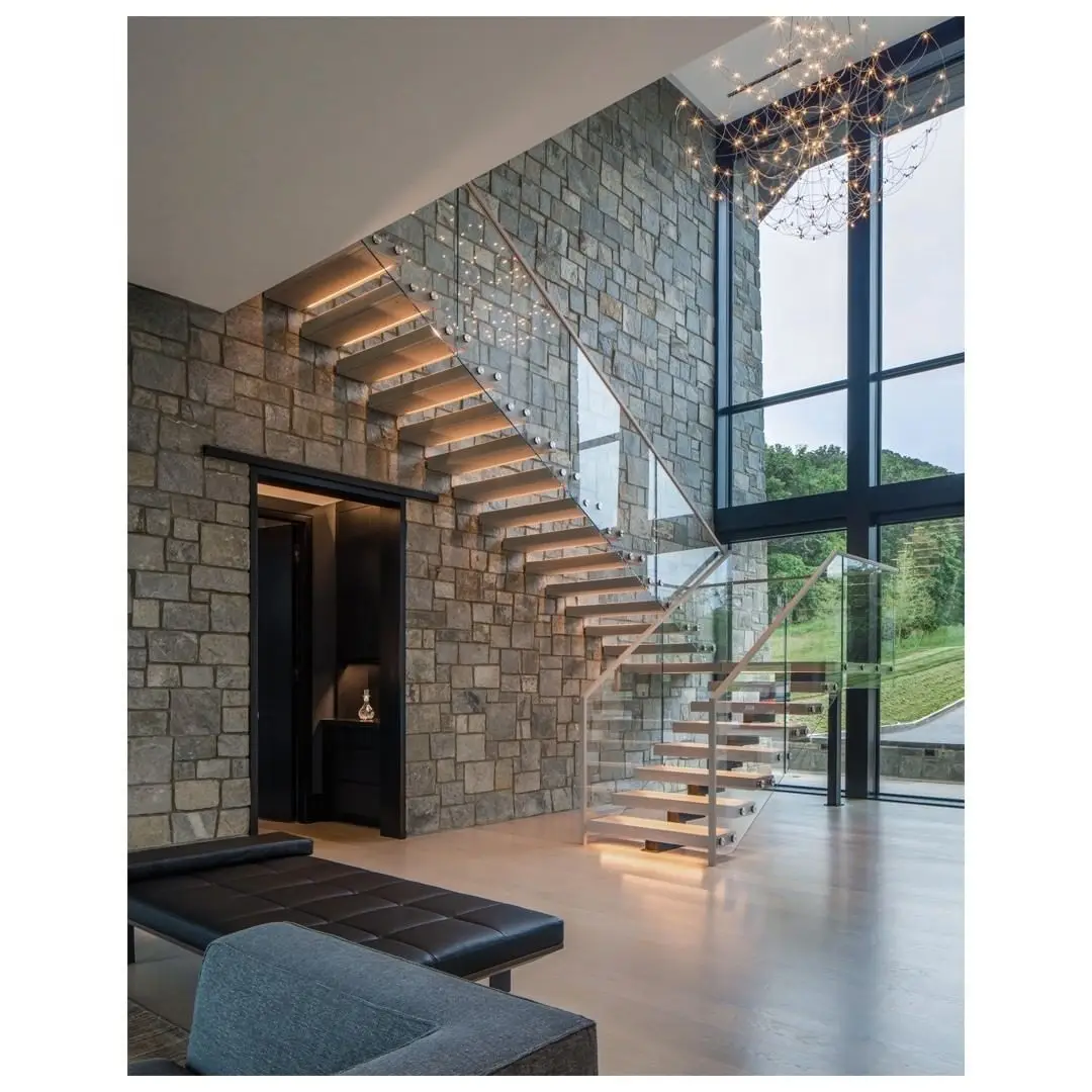Modern LED wooden stairs stringer staircase wood treads stairs with glass