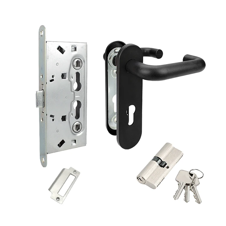 Heavy Duty 72/65 mm Mortise Lock and  Black nylon door handle and double Cylinder Deadbolt Combination Lockset for fire door