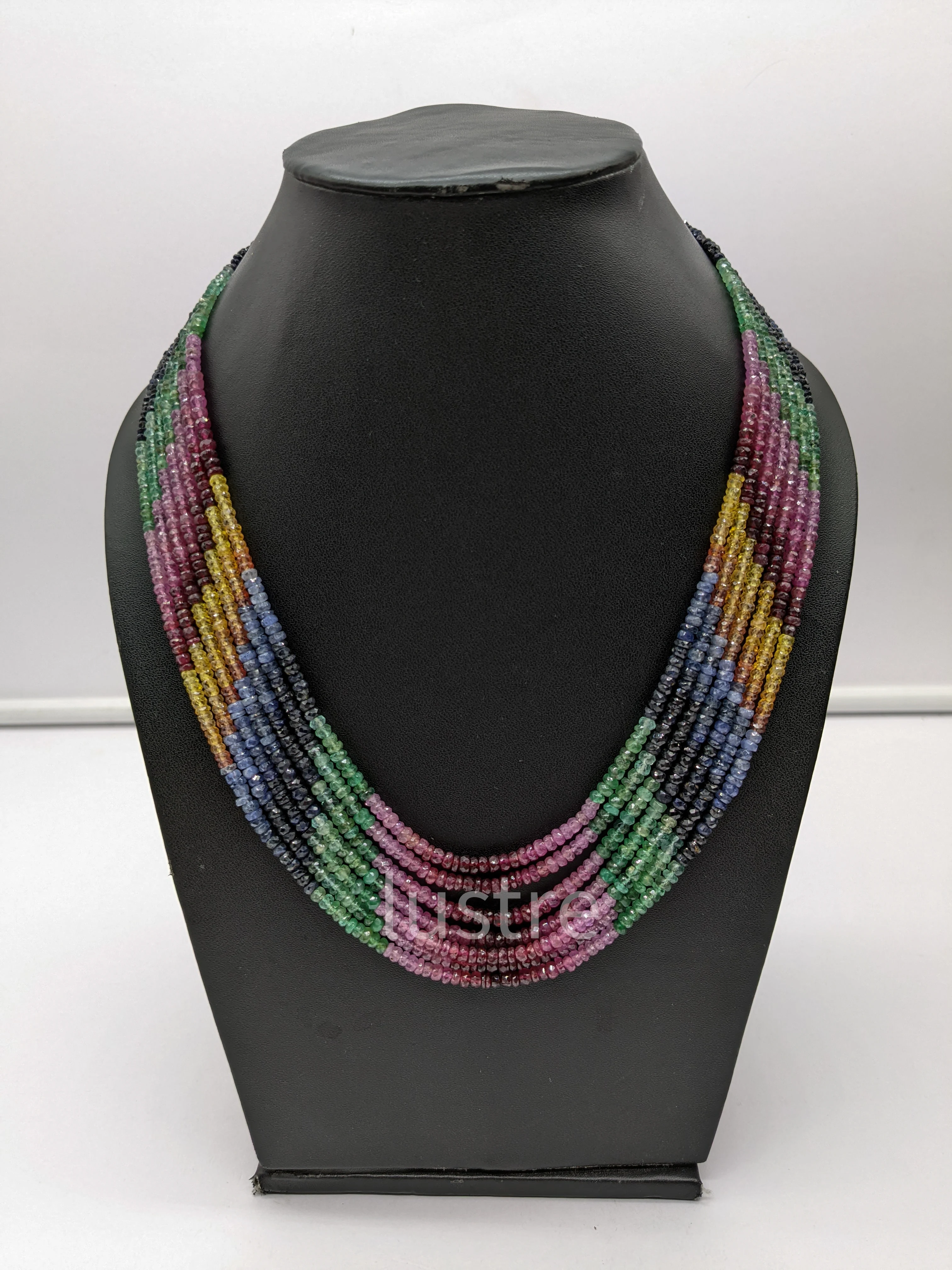Multi Sapphire Necklace Natural 7 Layer Beaded Necklaces 3.5 - 4.5 mm Multi Color Precious Faceted Rondelle Beaded Necklace