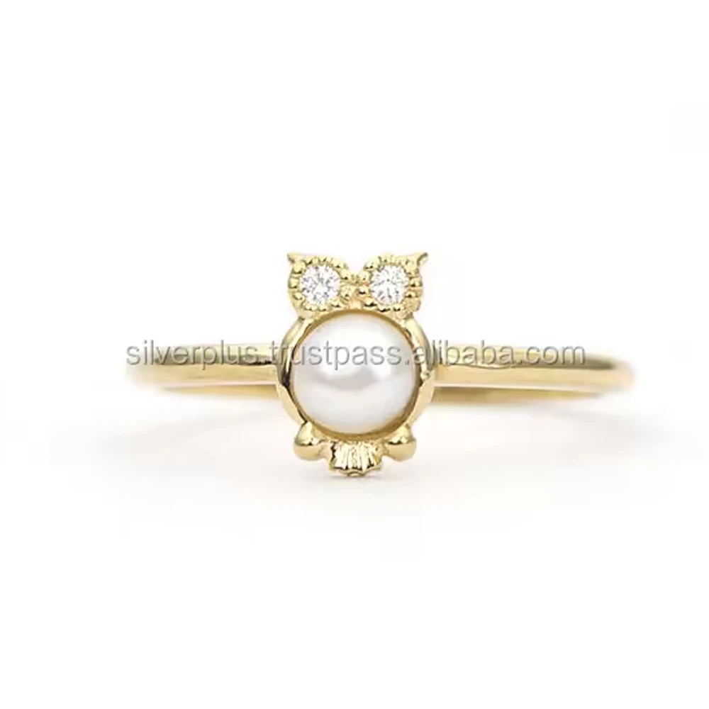 14K Solid Yellow Gold Pearl Gemstone Pave Diamond Vintage owl Ring Manufacturer