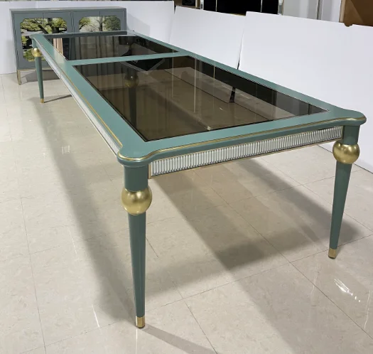 Wholesale Turkish Style Retro Green Solid Wood Framed Tempered Glass Top 12 seater Dining Table