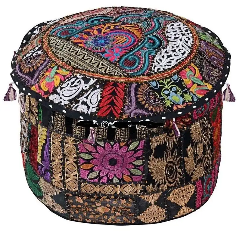 Indian Handmade Best Quality round Ottoman Pouf Cover Bohemian Patchwork Design Zipper Woven Decorative Floor Pillow Sofa Use