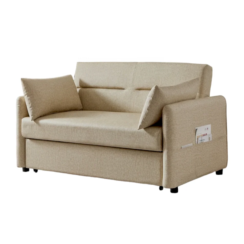Two-Seat Sleeper Sofa Technical Leather Convertible with Adjustable Backrest and Two Lumbar Pillows, Pull Out Bed