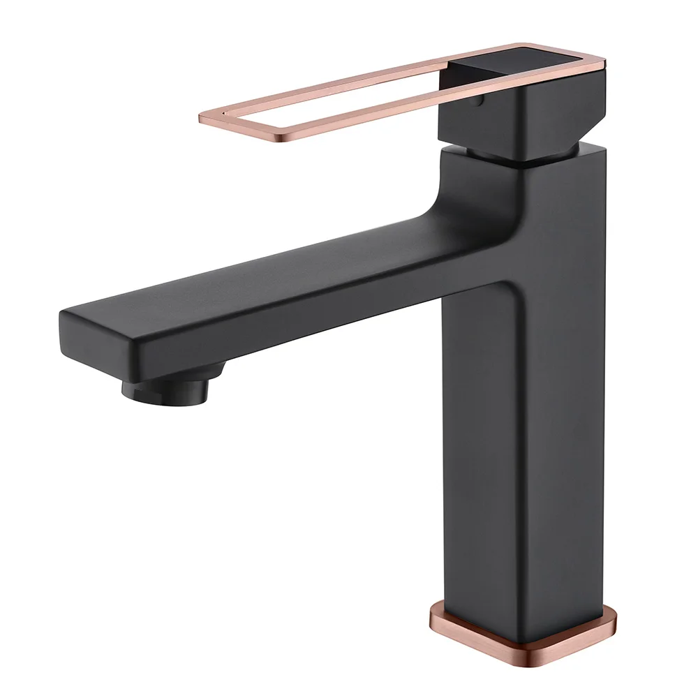 Discount Bathroom Faucet Stylish Modern Single Handle Basin Mixer Black Body With Gold Handle Basin Faucet