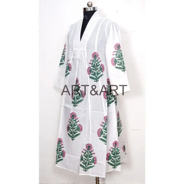 Indian Voile Cotton Hand Block Print Dress Loose Print Luxury Wear Bridal Gown Deep V-Neck Party Wear Casual Dress