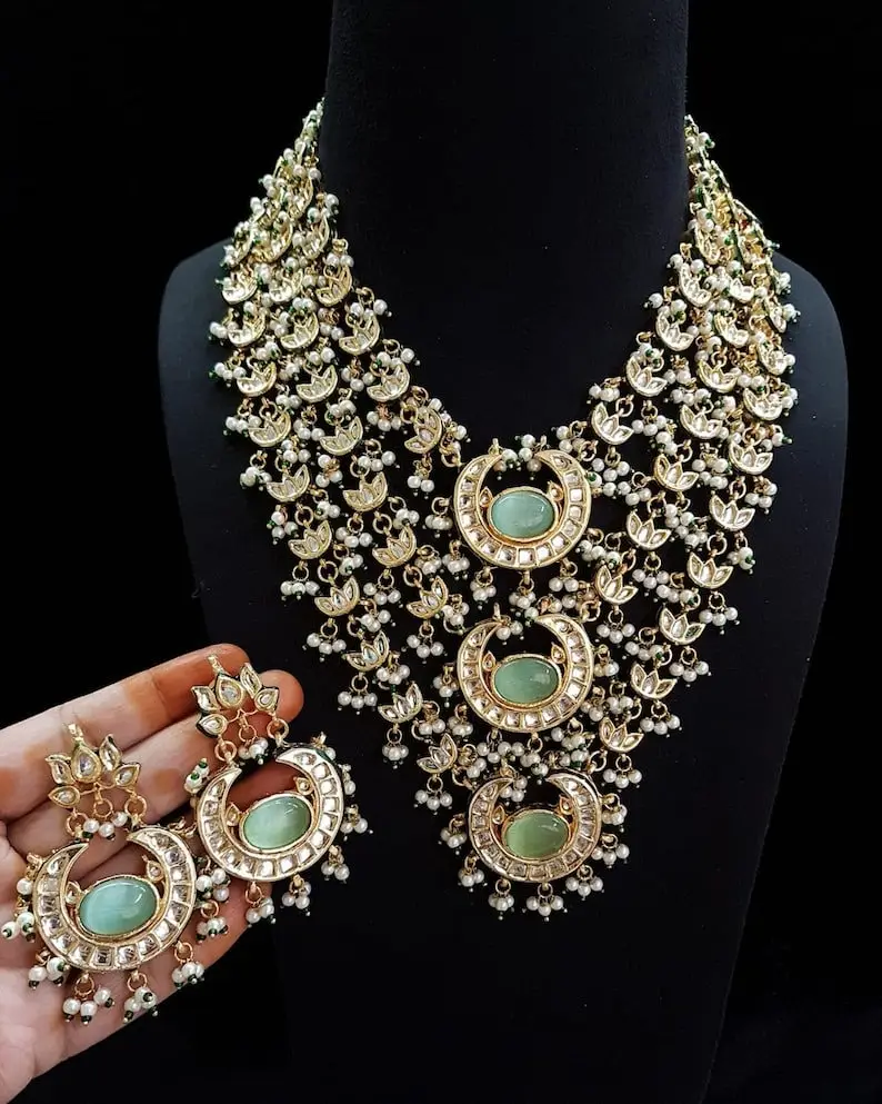 Natural Indian Jewelry Emerald, Garnet Turquoise, Black Onyx Multi Gemstone Necklace Jewelry With Brass For Her Bridal Set.