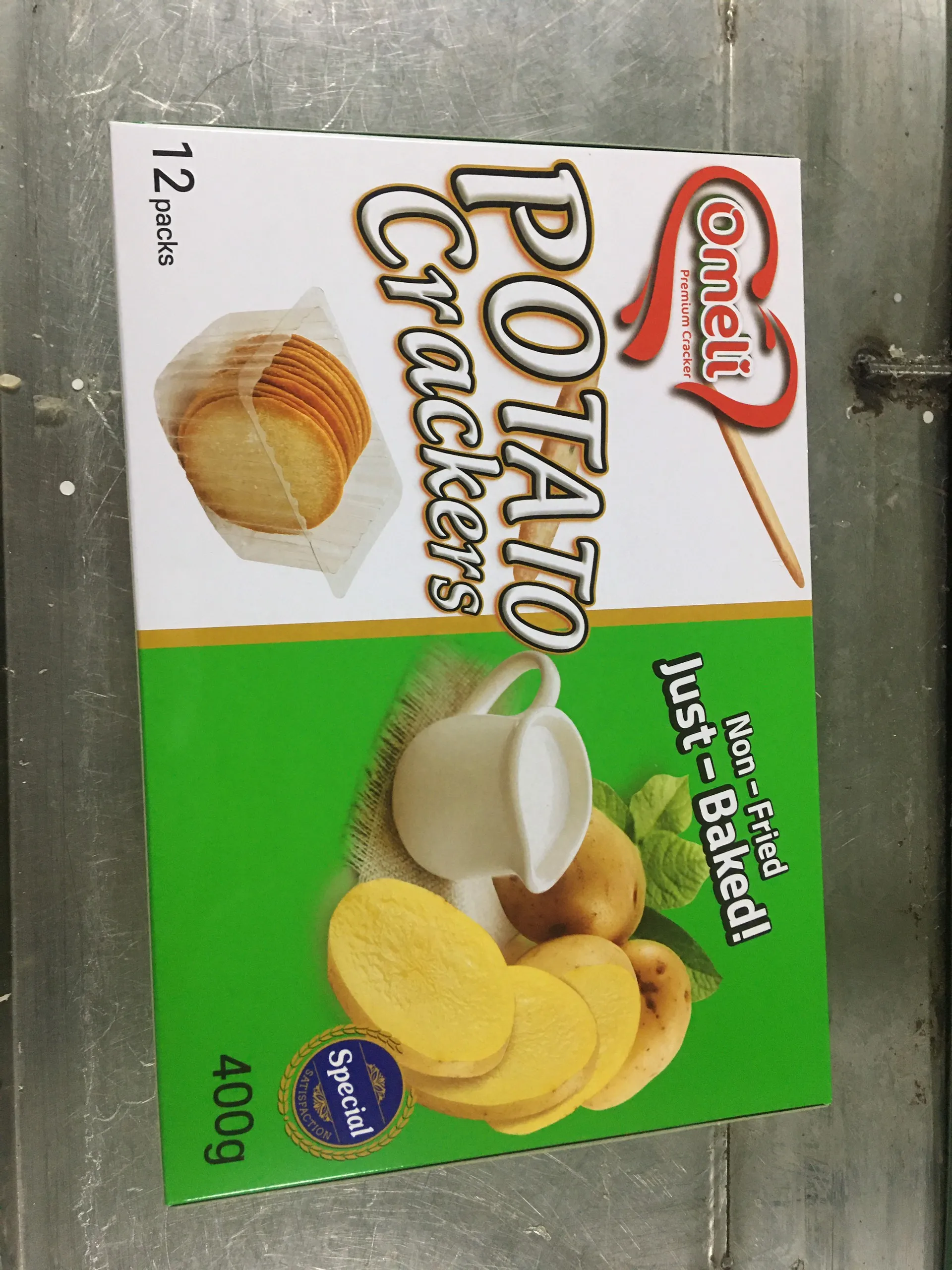 OMELI Brand Crispy Thin Biscuit Cracker Potato Flavour Round Slide - in Paper box weight 300g - OEM Available