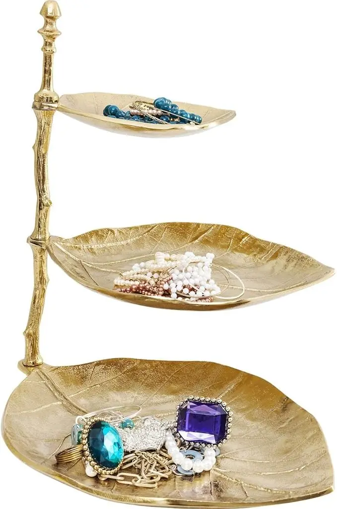 Aluminium Decorative Leaf Cake Stand with Three Storage Compartments Leaf Look Jewellery Stand Silver (H x W x D) 46 x 32 x45 cm