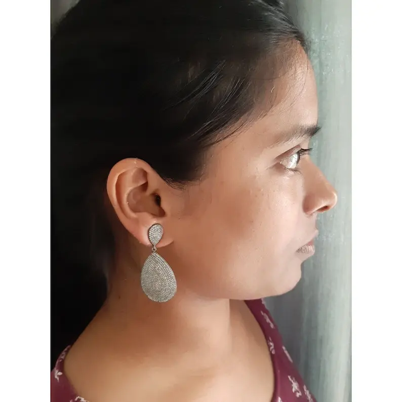 925 Sterling Silver Dangle Earring White Topaz Gemstone Vintage Jewelry Pave Setting Black Oxidized