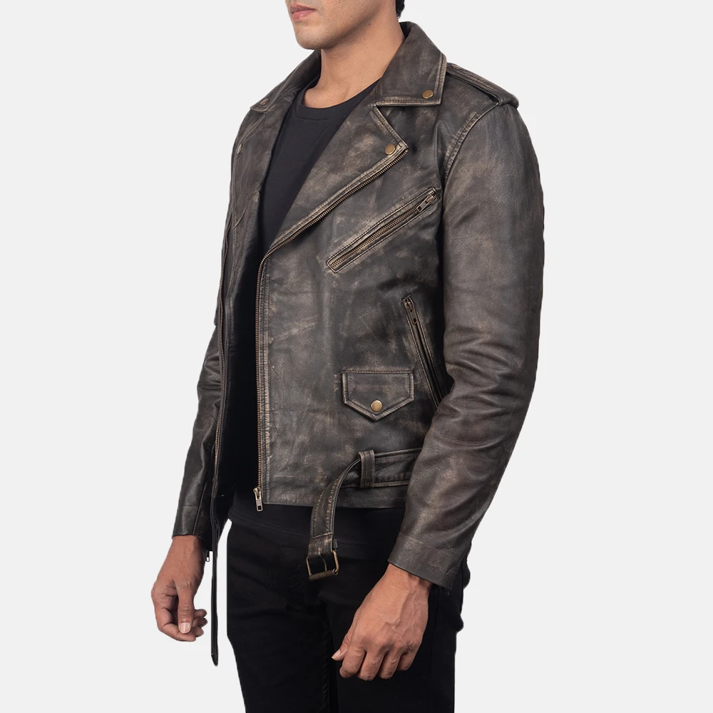 Allaric alley distressed brown leather jacket with closure style of zipper and waist belt 100% guarantee real goat skin leather