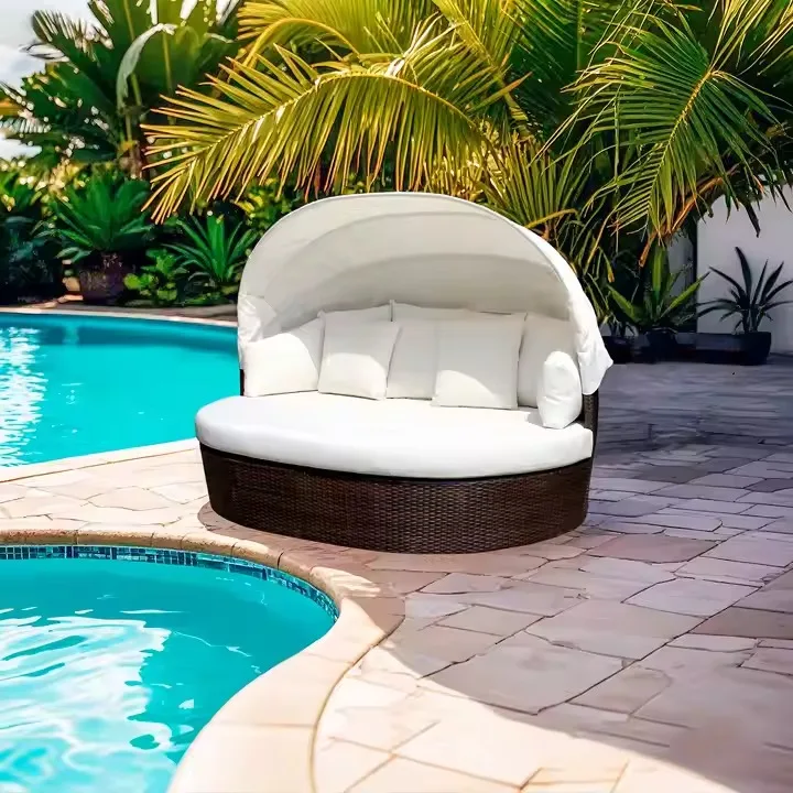 Thien Phu Outdoor Garden Parasol Commercial Beach Umbrella with Stripe Rattan Bed for Hotels and Glamping