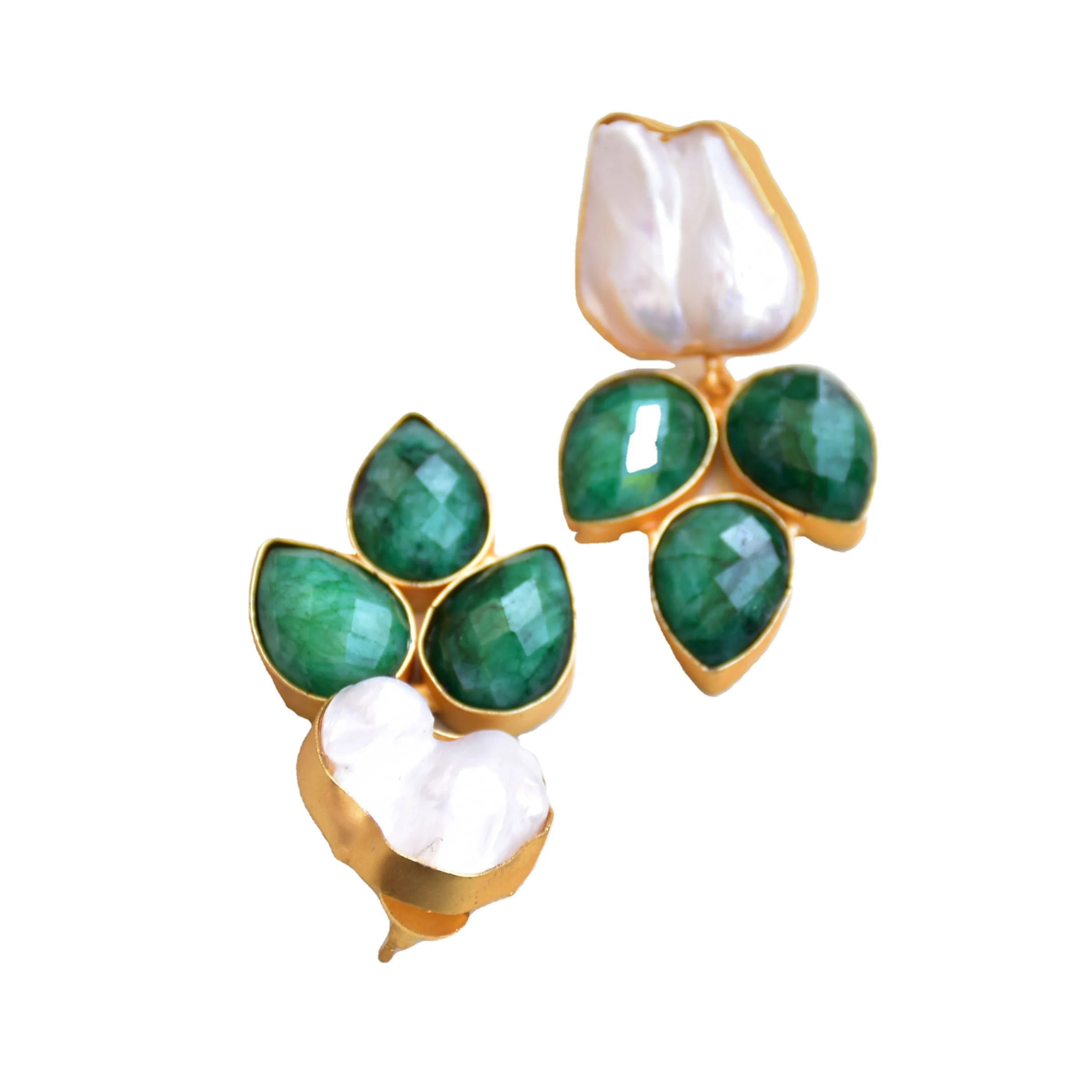 Green Statement Earrings with Pearl baroque drop Jewelry Model for Women Gold Plated Handmade dangle earring Stud Unique design