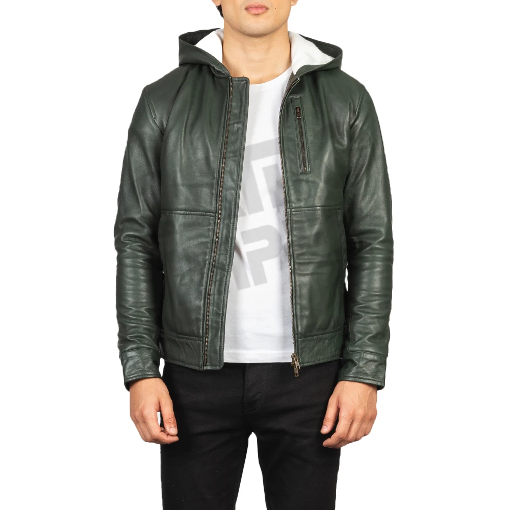 Wholesale OEM ODM Full Sleeves Hooded Real Leather Zipper Up Green Leather Bomber Jackets New Arrivals Sheepskin Hooded Jackets