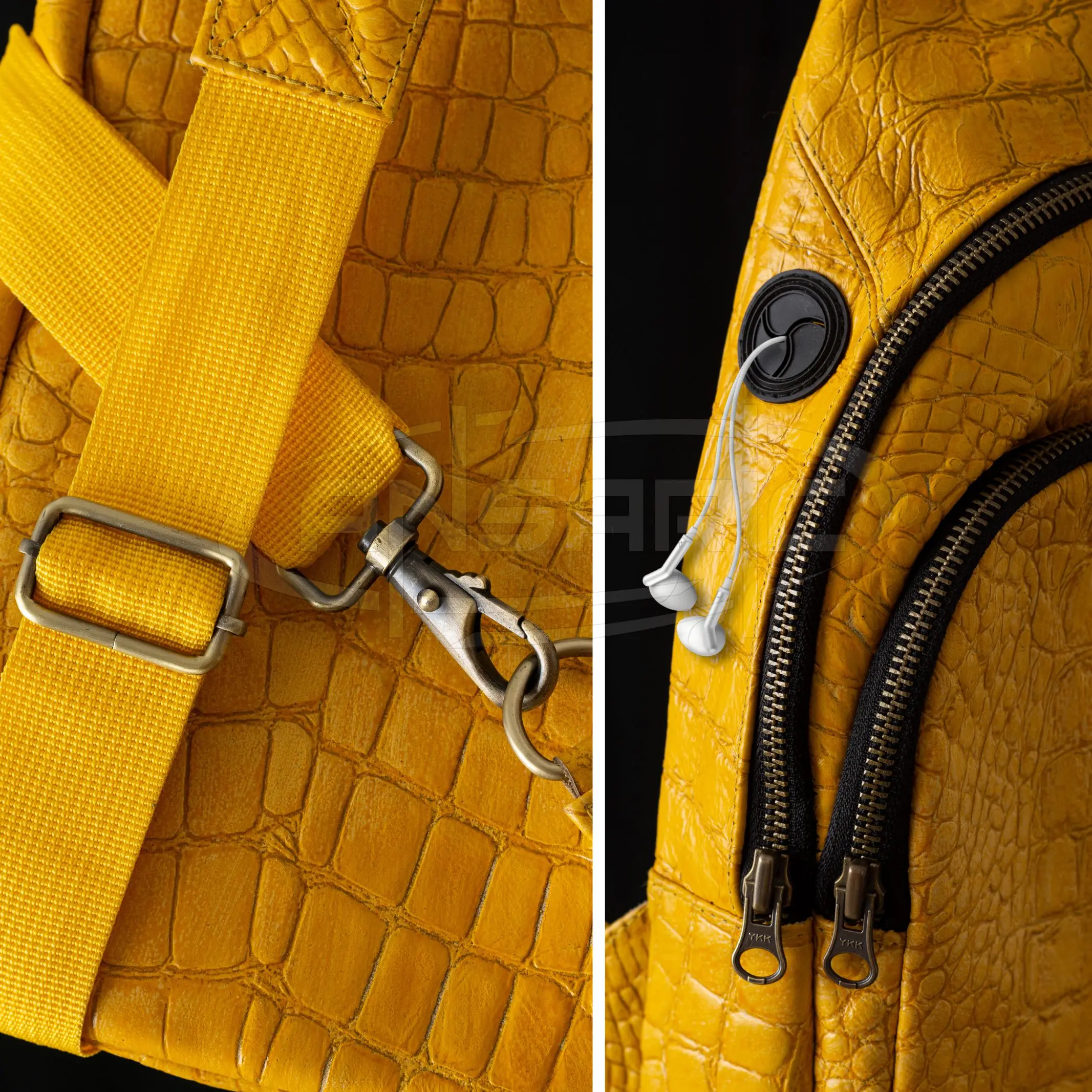 Genuine Cow Leather Embossed Crocodile Backpack Purse Travel Earphone Hole Cowhide iPad mini Crossbody Bag for Men and Women