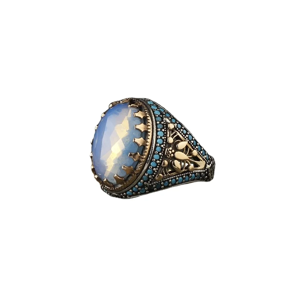 Traditional Motif Moon Stone Dazzle Men Ring 925 Silver Turkish Wholesale Silver Jewelry Turkish Handmade Ring