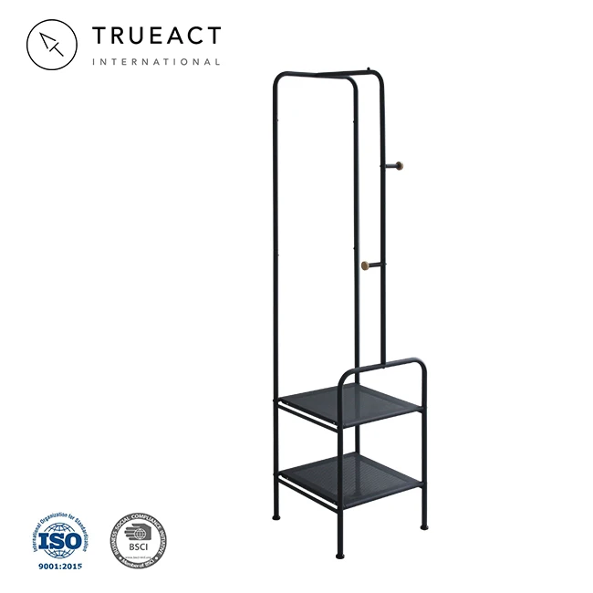 2 storage tiers curved shaped wooden standing garment rack metal hat coat Clothes Hanger Stand