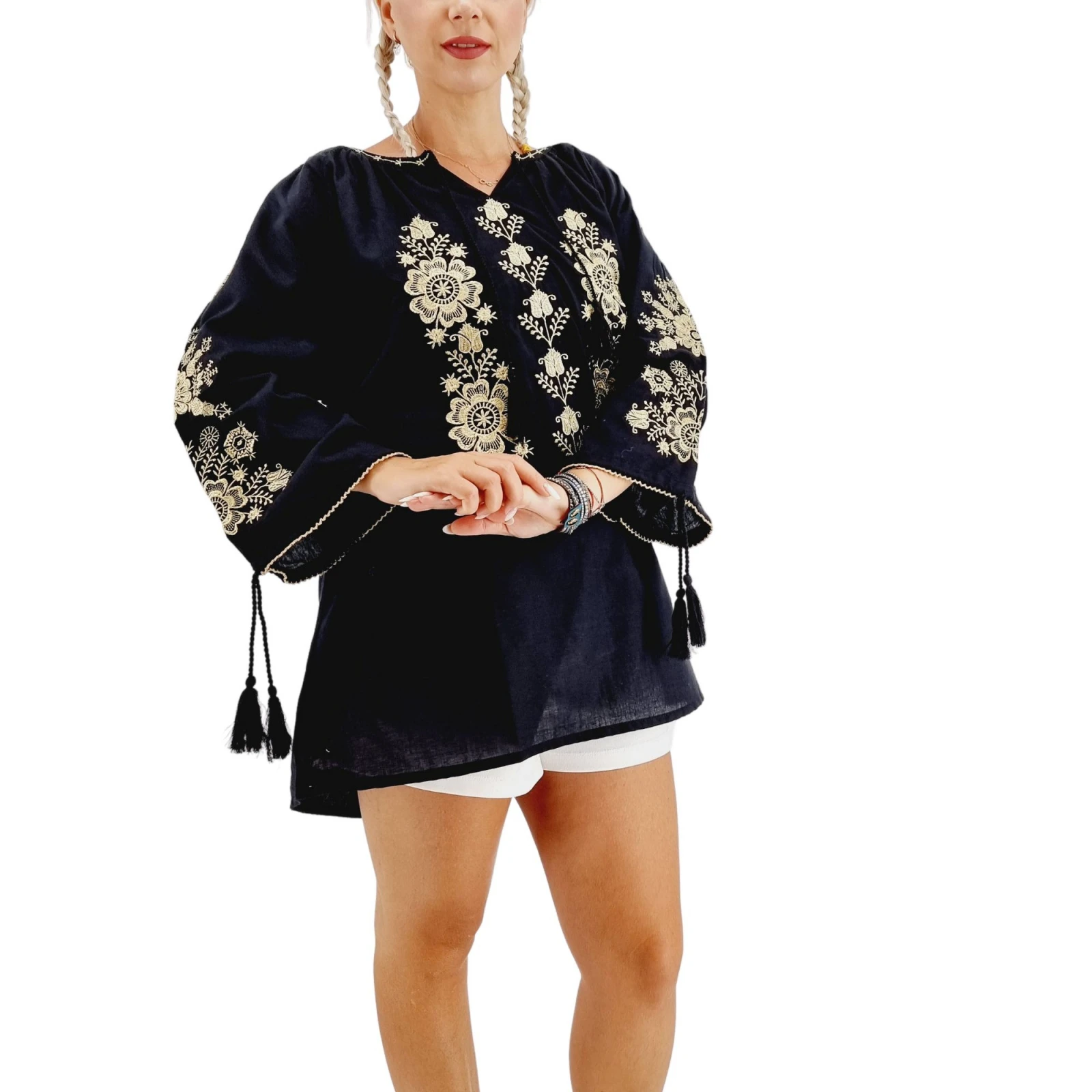 Boho Floral Embroidered Top with Long Sleeves High Neck Mini Length Romanian Blouse Woven Cloth Natural Waistline Washable