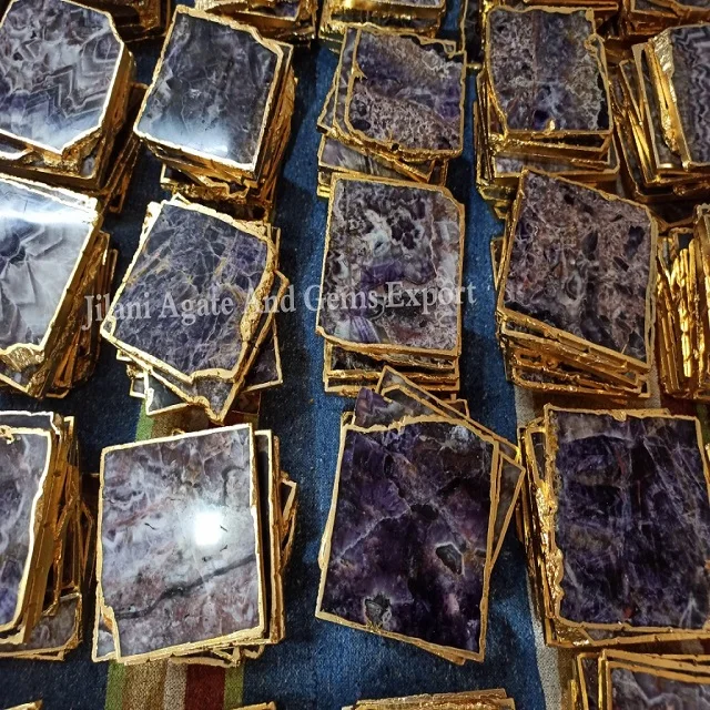 Wholesale High Quality Amethyst Agate Quartz Coasters with Golden Rim Polished Healing Table Cup for Home Decor