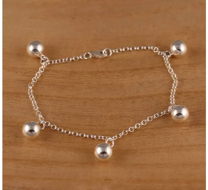 Solid 925 Sterling Silver Bead Ball Rolo Chain Bracelet with Charm Beads Elegant Fine Bangle Jewelry