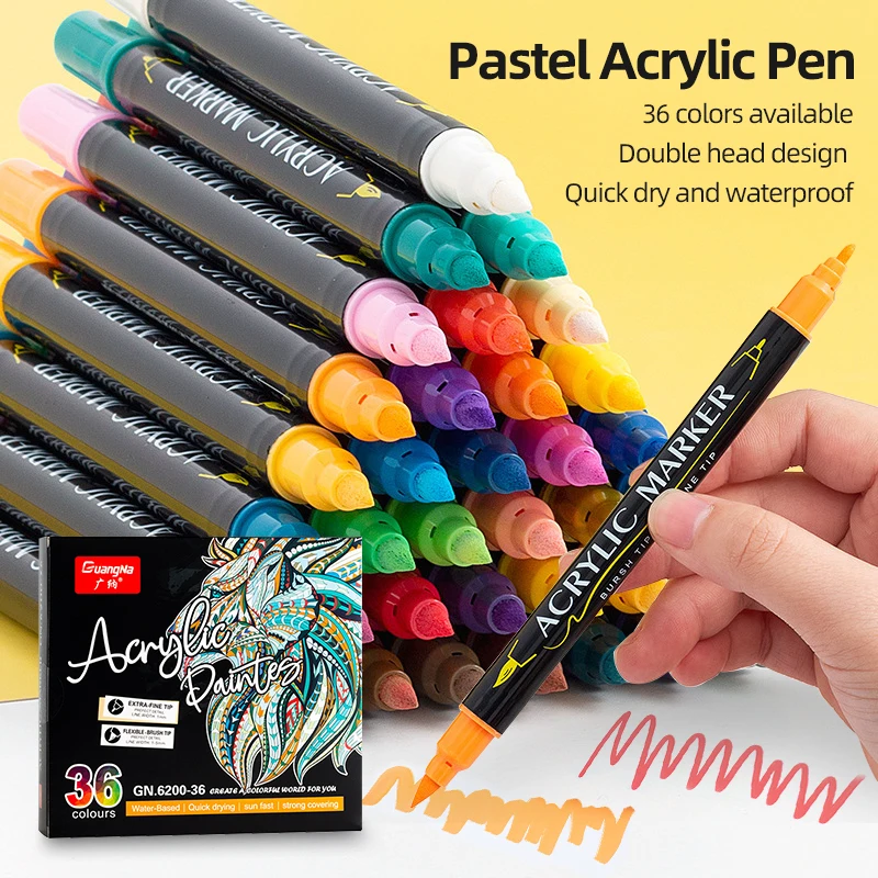 Guangna 6200 12/24/36 colors/set dual tip brush + fine tip Acrylic color marker pens art supplies art pastel markers  pen set